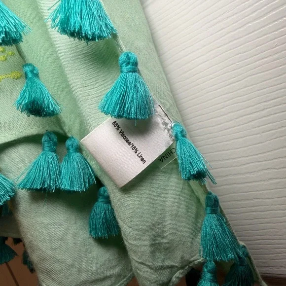 Spartina 449 Aqua Kaftan Cover Up Embroidered Tassel Boho Beach OS NWT Colorful - Picture 10 of 11